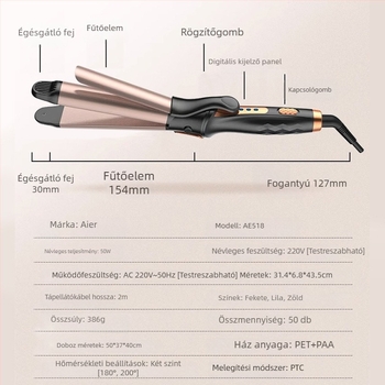 Hajegyengető és göndörítő – kettős funkció, keramikus fűtés, 50W, 220V, 2-szintű hőmérséklet-szabályozás