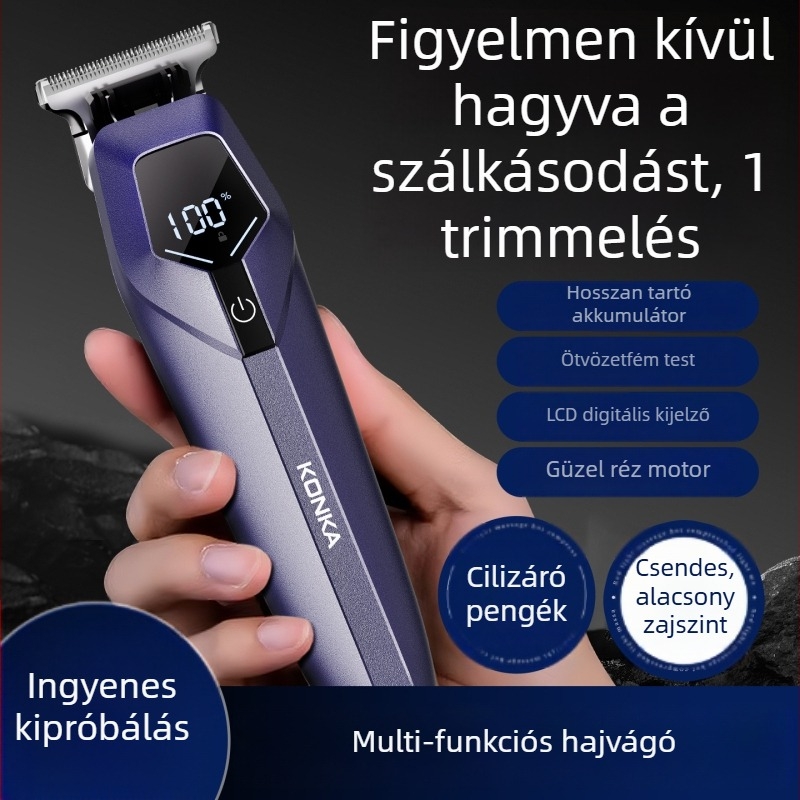 Konka hajvágó otthoni használatra, újratölthető, rozsdamentes acél pengék, beépített akkumulátor, üzemidő 1–3 óra, csendes működés 36 dB alatt