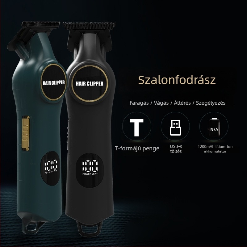 Fodrászati hajvágó digitális kijelzővel, újratölthető, motor kefés, rozsdamentes acél pengék, beépített akkumulátor
