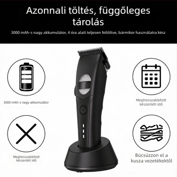Hajvágó készülék töltőállvánnyal, újratölthető elektromos trimmelő felnőtteknek, professzionális barber eszköz kerámiapengékkel, brushless motor, beépített akkumulátor 2000–4000 mAh