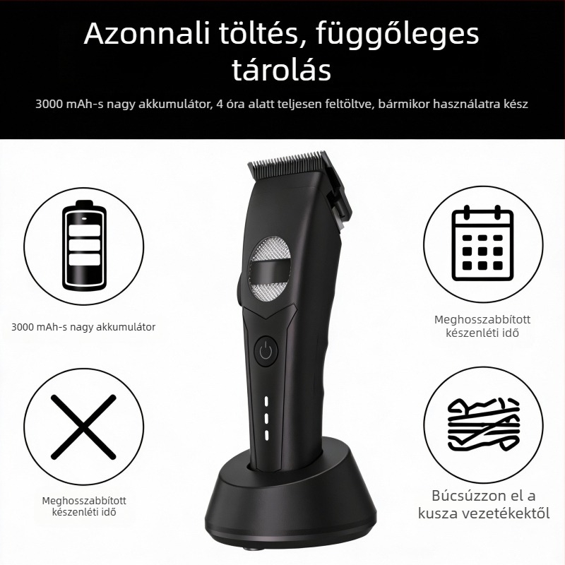 Hajvágó készülék töltőállvánnyal, újratölthető elektromos trimmelő felnőtteknek, professzionális barber eszköz kerámiapengékkel, brushless motor, beépített akkumulátor 2000–4000 mAh