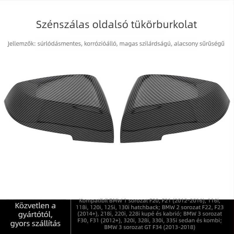 Visszapillantó tükrötok;? Provided translation: Visszapillantó tükörház, snap-on típus, BMW 1234 sorozat F20F30F35F32F36-hoz; ABS+PC anyag; síktükör