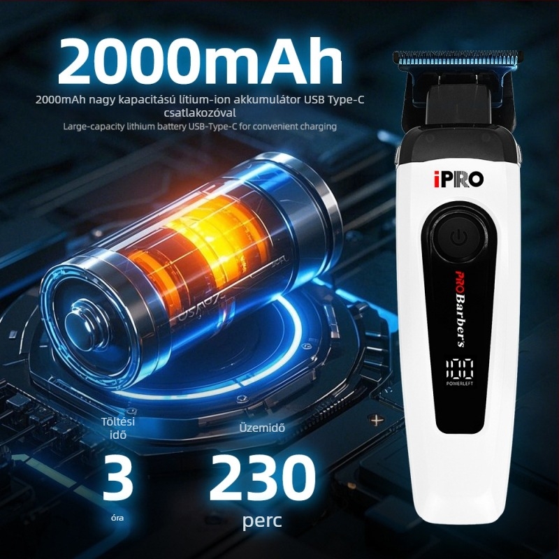 Faragó hajvágó, elektromos trimmer, otthoni használatra, kefementes motor, rozsdamentes acél pengék, beépített akkumulátor 2000-4000 mAh, üzemidő 3-6 óra, zaj 46-70 dB