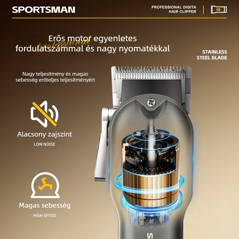 Professzionális szalonba szánt elektromos hajvágó, kefés motorral, rozsdamentes acél pengékkel, beépített 1200-2000mAh akkumulátorral, 1-3 óra üzemidővel, újratölthető