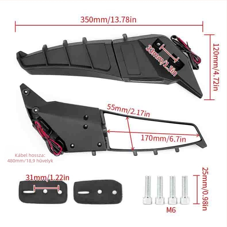 JS ABS rögzített szárnyas hátsó tükör LED-es fénnyel, műanyag és üveg kialakítással, kompatibilis Spring Breeze 250SR/450SR és Tournament 250/600 modellekkel
