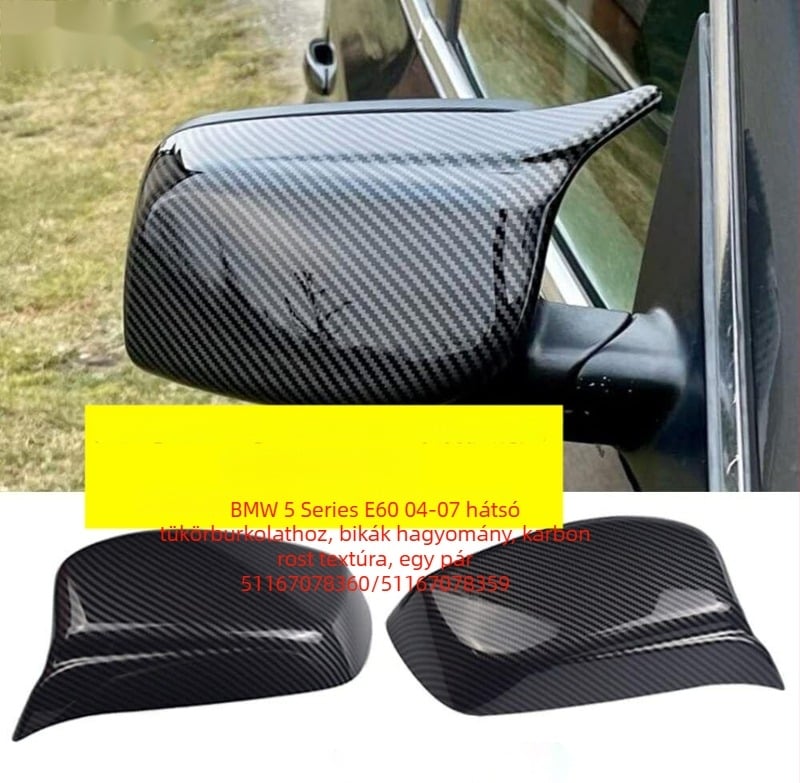 BMW 5-ös sorozat E60 (04-07) hátsó tükrök burkolata karbonszövet mintázattal, KAIZDE, modellek 51167078359/51167078360, ABS anyag, sík tükör