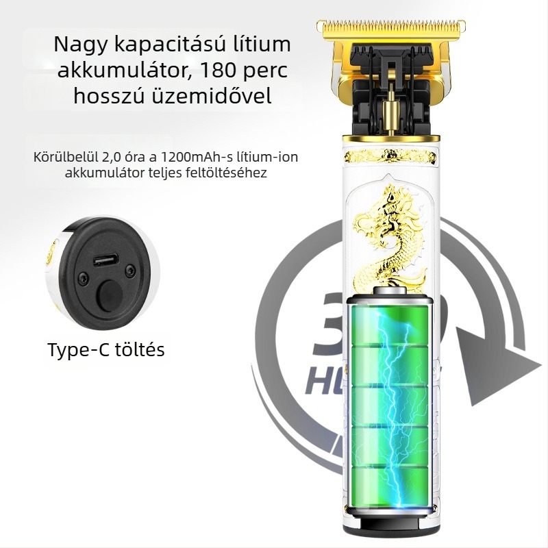Otthoni használatra szánt elektromos hajvágó — titánium ötvözetű penge, levehető és mosható vágófej, kefés motor, beépített akkumulátor 1200–2000 mAh, alacsony zajszint