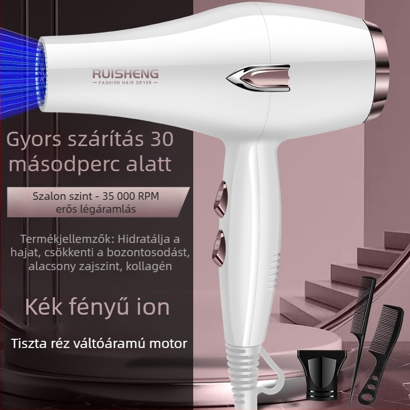 Kefés motoros hajszárító, 5000W, meleg/hideg levegő, 220V, kék fény és negatív ionok