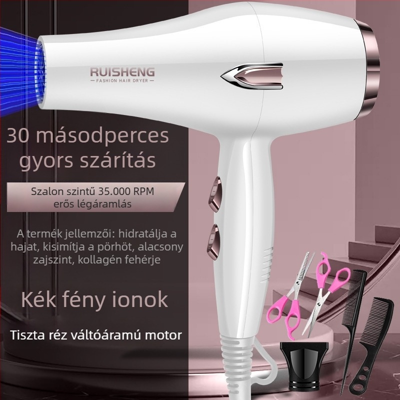Kefés motoros hajszárító, 5000W, meleg/hideg levegő, 220V, kék fény és negatív ionok