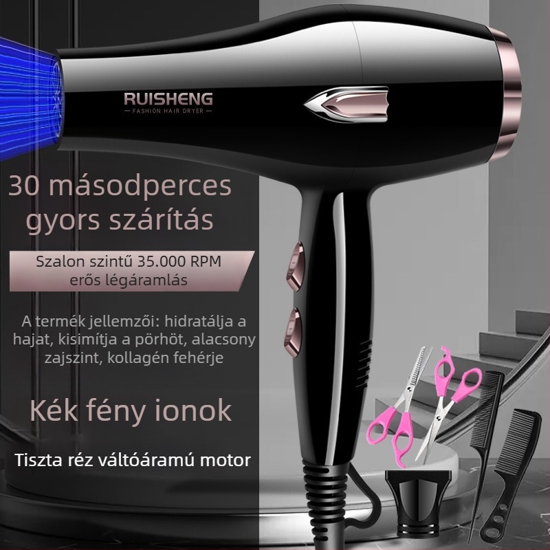 Kefés motoros hajszárító, 5000W, meleg/hideg levegő, 220V, kék fény és negatív ionok