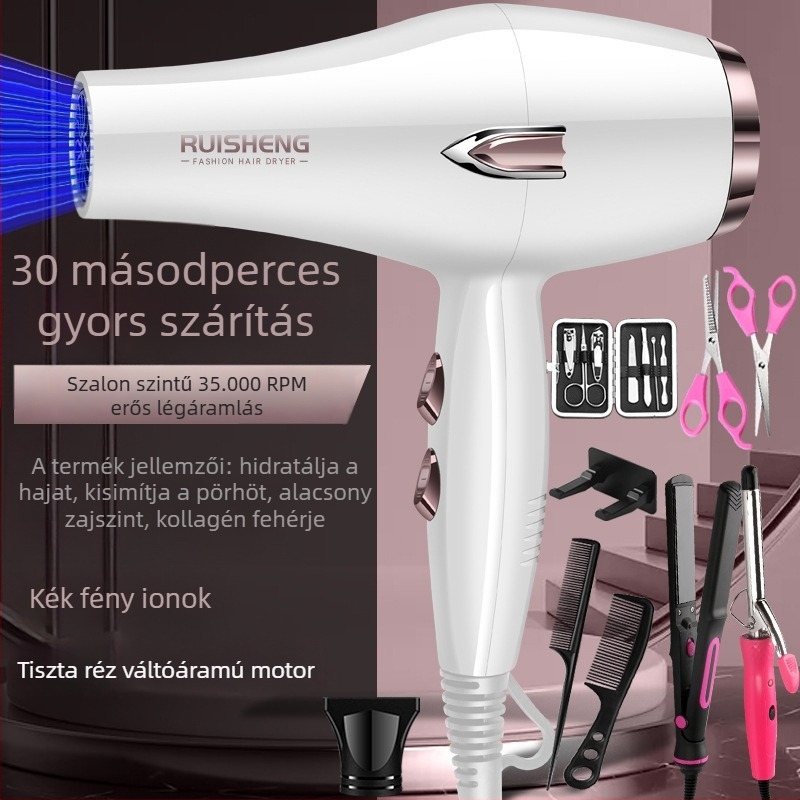 Kefés motoros hajszárító, 5000W, meleg/hideg levegő, 220V, kék fény és negatív ionok