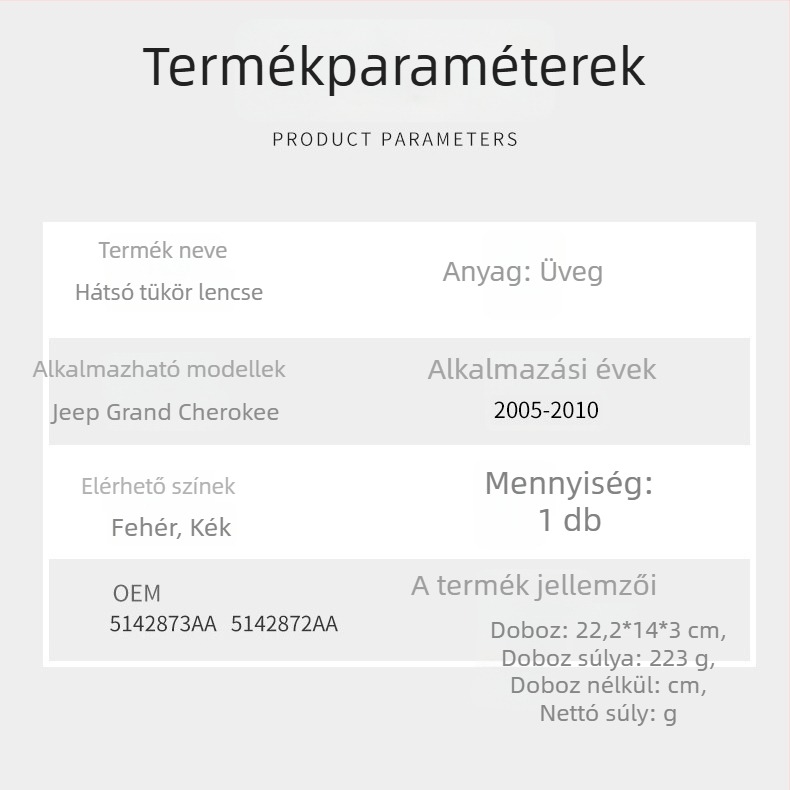 Jeep Grand Cherokee 05-10 külső visszapillantó tükör üvege – sík tükröződés, alkatrész számok 5142873AA 5142872AA