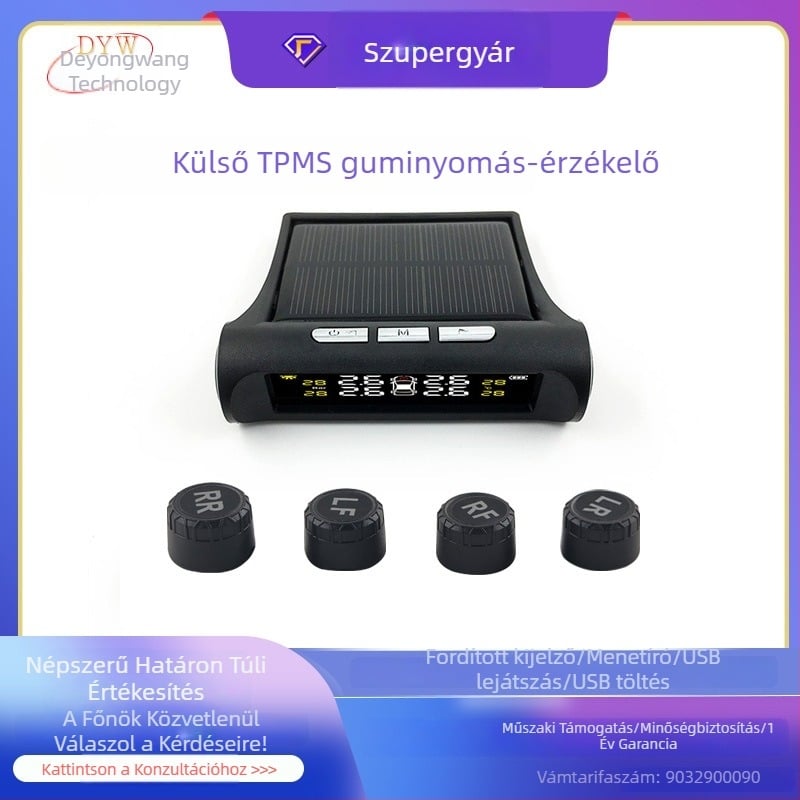 Napelemes, vezeték nélküli külső TPMS gumi nyomás monitor autókhoz digitális színes kijelzővel