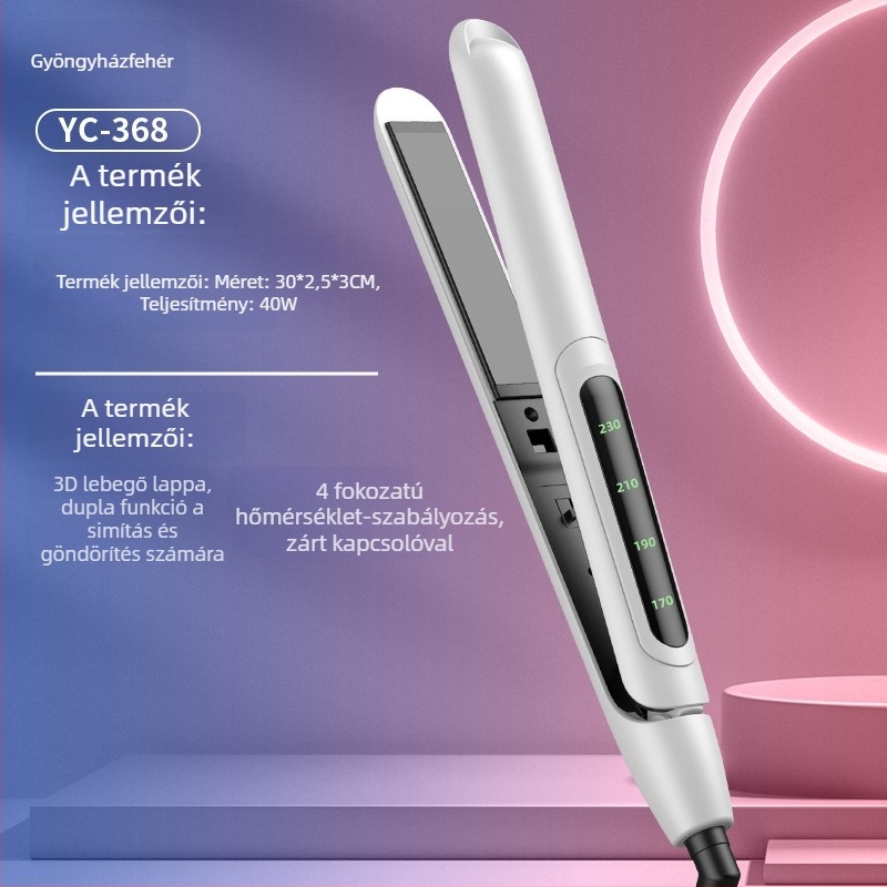 Kétfunkciós mini hajvasaló és göndörítő, kerámiás fűtőelem, átmérő <15 mm, vezetékes AC tápegység, 20W, 100–240V, nedves és száraz hajhoz, automatikus hőmérséklet-szabályozás