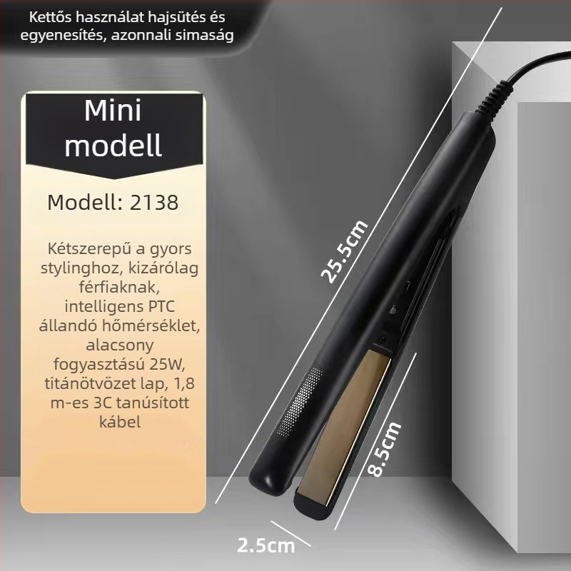 Kétfunkciós mini hajvasaló és göndörítő, kerámiás fűtőelem, átmérő <15 mm, vezetékes AC tápegység, 20W, 100–240V, nedves és száraz hajhoz, automatikus hőmérséklet-szabályozás