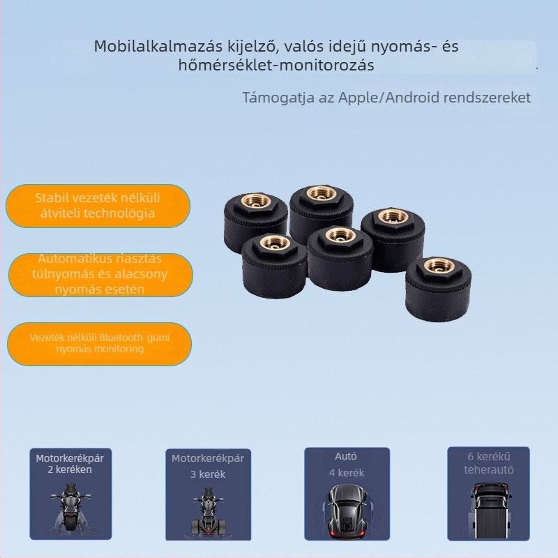 Külső TPMS nyomásellenőrző rendszer Bluetooth APP kijelzővel, TR03 modell, 700 nyomástartomány, nagy precizitás