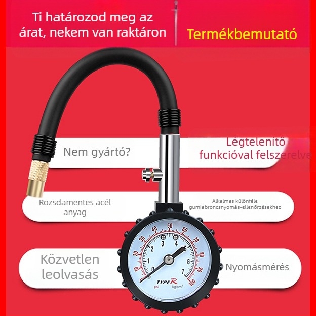 Magas pontosságú gumiabroncsnyomás-mérő deflációs funkcióval, tömlőcsatlakozással, hordozható, digitális kijelzővel