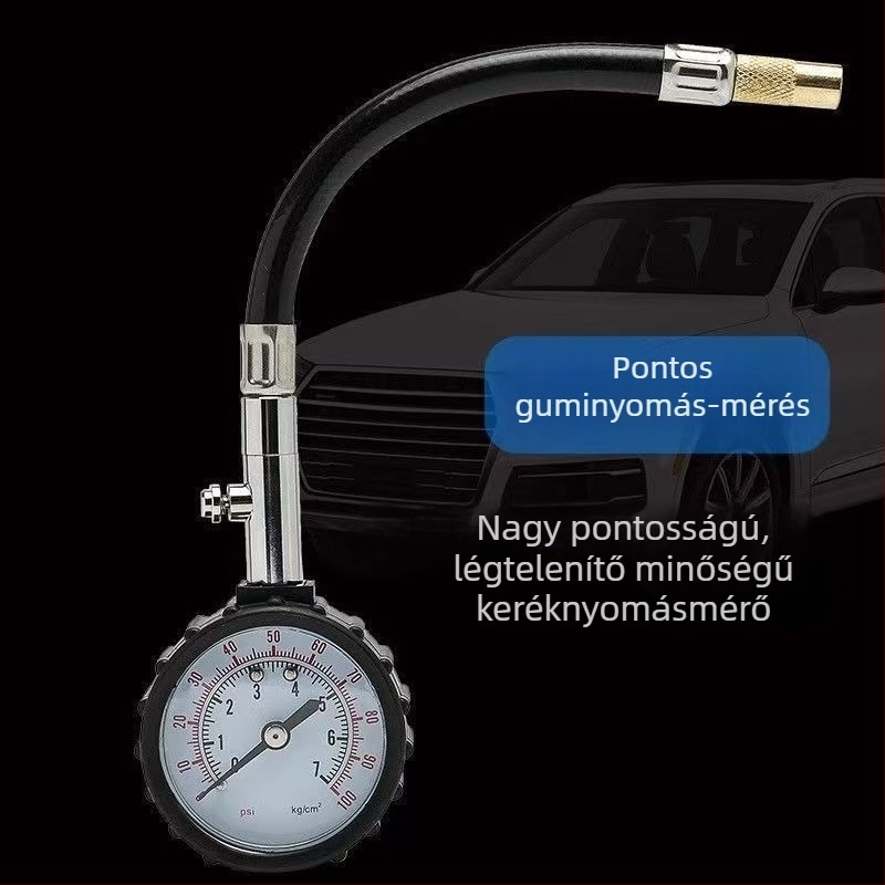 Magas pontosságú autógumi nyomásmérő, többfunkciós, hosszú tömlővel, mechanikus mérő, leeresztési funkcióval