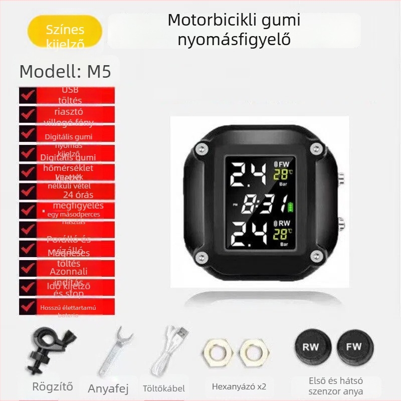 M5 motorkerékpár gumiabroncsnyomás-monitorozó rendszer digitális kijelzővel, 0-8 bar tartomány, magas pontosságú