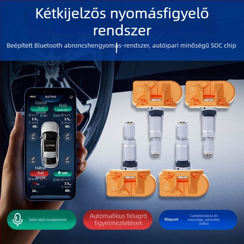 Autós TPMS szenzor navigációhoz Bluetooth-kapcsolattal, univerzális kompatibilitás minden autóval, mini méret, dupla kijelző, 0-7 BAR tartomány