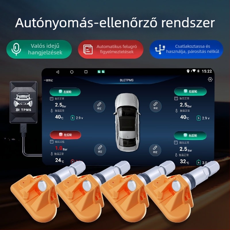 Autós TPMS szenzor navigációhoz Bluetooth-kapcsolattal, univerzális kompatibilitás minden autóval, mini méret, dupla kijelző, 0-7 BAR tartomány
