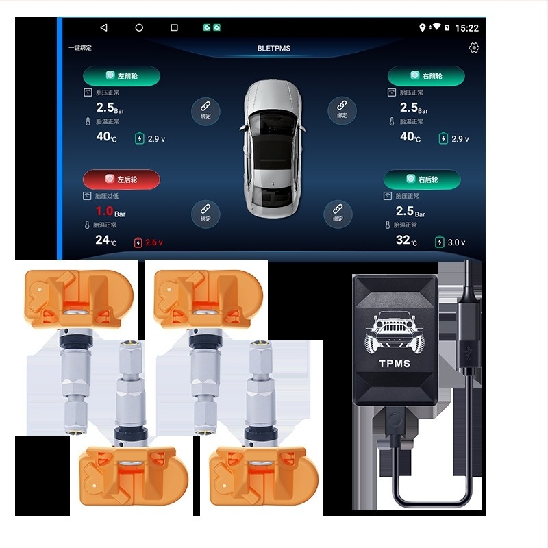 Autós TPMS szenzor navigációhoz Bluetooth-kapcsolattal, univerzális kompatibilitás minden autóval, mini méret, dupla kijelző, 0-7 BAR tartomány