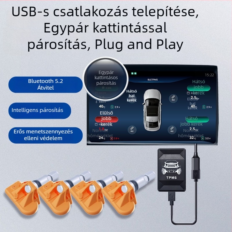 Autós TPMS szenzor navigációhoz Bluetooth-kapcsolattal, univerzális kompatibilitás minden autóval, mini méret, dupla kijelző, 0-7 BAR tartomány