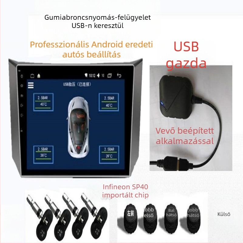 Autó USB TPMS nyomásfigyelő rendszer Android navigációval, vezeték nélküli monitor, beépített nyomásészlelés