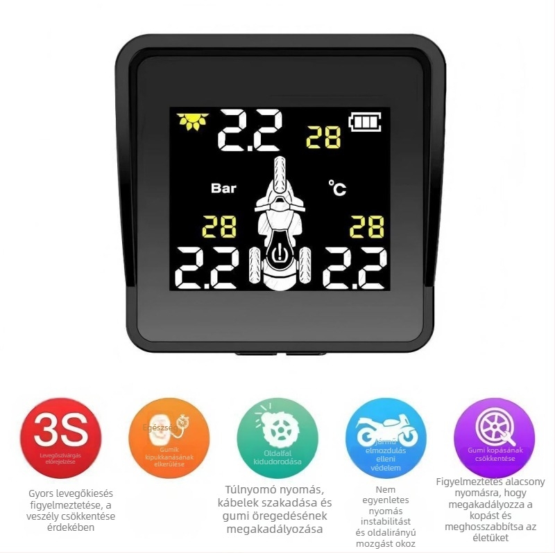 Háromkerekű motorkerékpár TPMS: első és hátsó guminyomás figyelő, külső vezeték nélküli szenzorok, digitális kijelző, 0,1–8 bar tartomány, magas precizitás