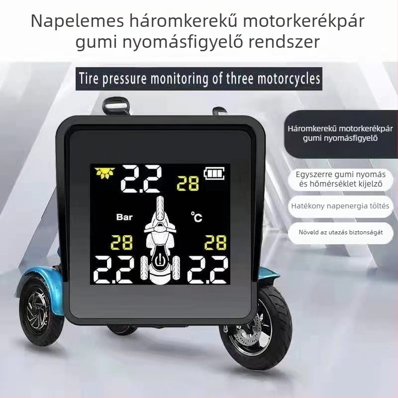 Háromkerekű motorkerékpár TPMS: első és hátsó guminyomás figyelő, külső vezeték nélküli szenzorok, digitális kijelző, 0,1–8 bar tartomány, magas precizitás