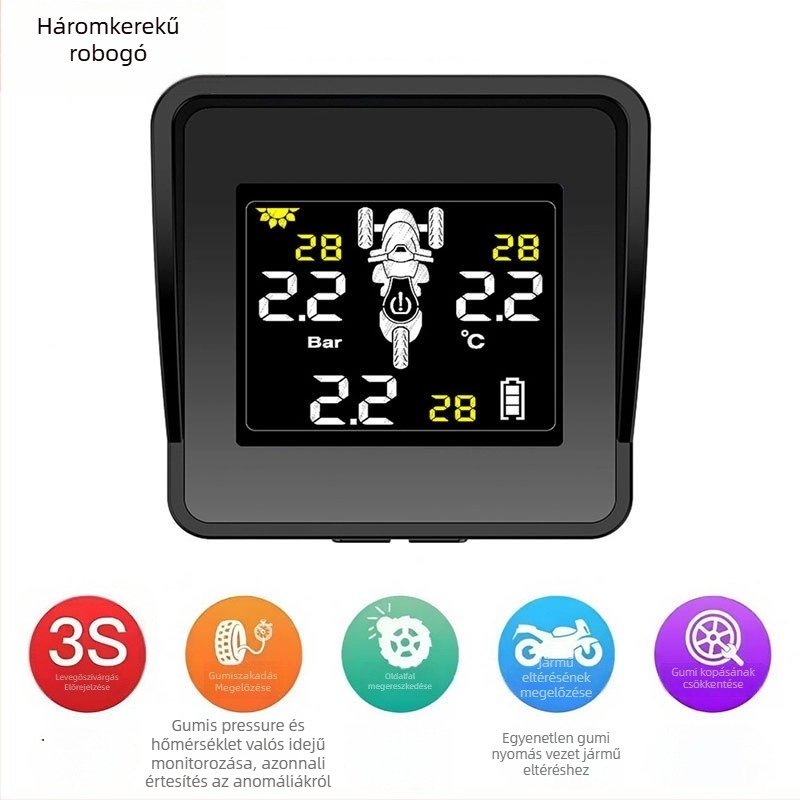 Háromkerekű motorkerékpár TPMS: első és hátsó guminyomás figyelő, külső vezeték nélküli szenzorok, digitális kijelző, 0,1–8 bar tartomány, magas precizitás