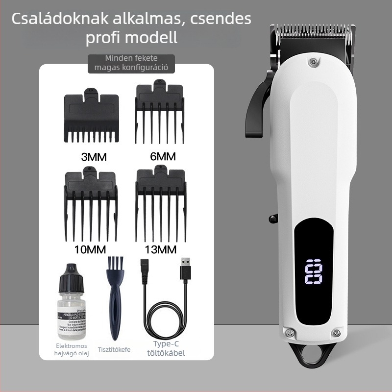 Akkumulátoros hajvágó, rozsdamentes acél pengékkel, beépített 1200–2000 mAh akkumulátor, üzemidő 1–3 óra