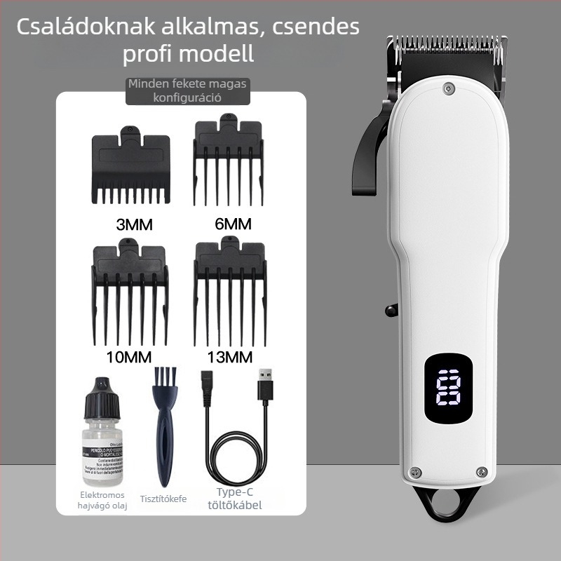 Akkumulátoros hajvágó, rozsdamentes acél pengékkel, beépített 1200–2000 mAh akkumulátor, üzemidő 1–3 óra