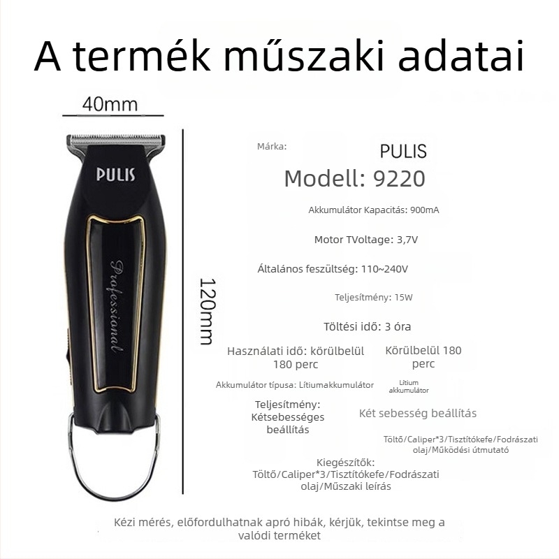 Szalonhasználatra tervezett akkumulátoros hajvágó, titánötvözet pengék, kefés motor, nem vízálló