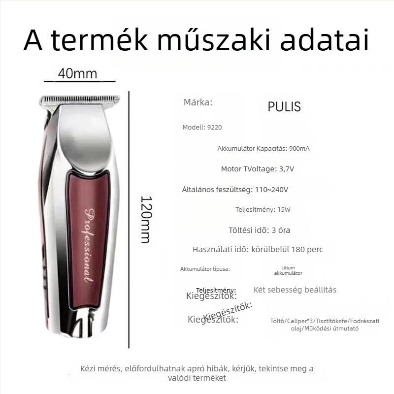 Szalonhasználatra tervezett akkumulátoros hajvágó, titánötvözet pengék, kefés motor, nem vízálló
