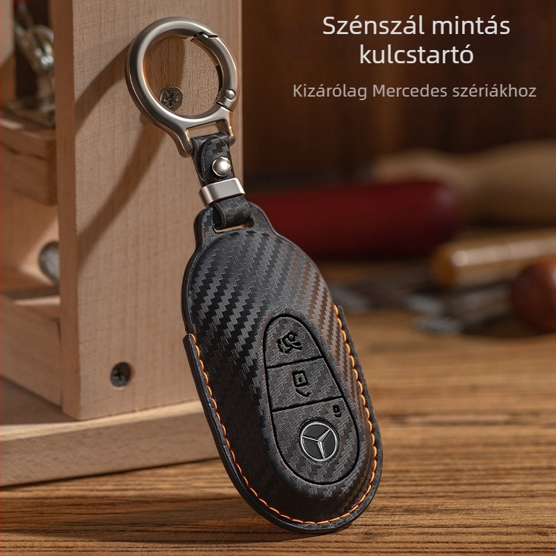 Mercedes-Benz kulcsborítás szénszálas mintával, mikroszálas szintetikus bőr, magas kategóriás stílus, kompatibilis E300L, C260L, C200L, GLA, GLC, GLE