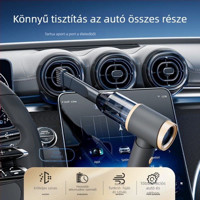Autó kézi porszívó, 120W, USB töltés, erős szívás 15-20 kPa, száraz/szőnyegekhez