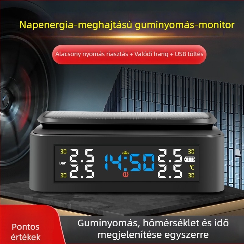 Új napelemes guminyomás-figyelő monitor autóhoz, vezeték nélküli TPMS-sel és idő kijelzővel