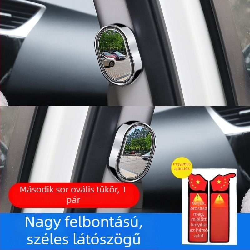 Autó hátsó tükre görbült holttér-tükrökkel, babát figyelő belső tükör az autóban