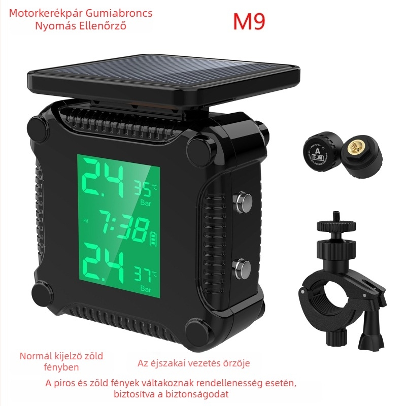 Motorkerékpár gumiabroncs nyomásfigyelő rendszer digitális kijelzővel, USB/napenergia töltés, nagy pontosságú szenzor, modell M8, nyomástartomány 0–6 bar