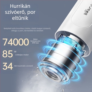Bear vezeték nélküli kézi porszívó autóhoz és otthonhoz, 85 W, szívás 2100–3000 Pa, beépített akkumulátor 2000–2500 mAh, USB töltés, zaj 36–45 dB