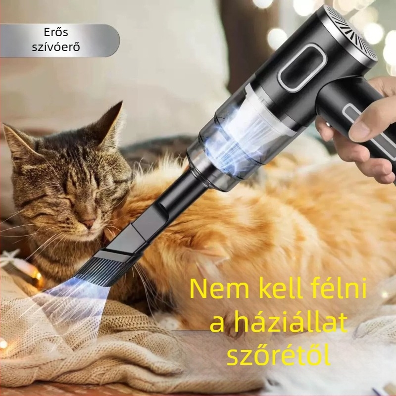 Kézi autó porszívó vezeték nélküli töltéssel, autó- és otthoni használatra, nagy szívóerő, hordozható, kompakt (65W; szívóerő 2100–3000 Pa; beépített akkumulátor 1600–2000 mAh; üzemidő 1–3 óra)