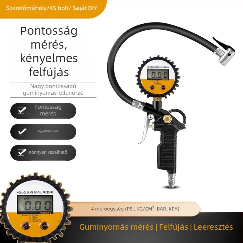 Autó gumi nyomásmérő - kiváló pontosságú elektronikus, digitális kijelző, alumínium ház, leeresztés funkció