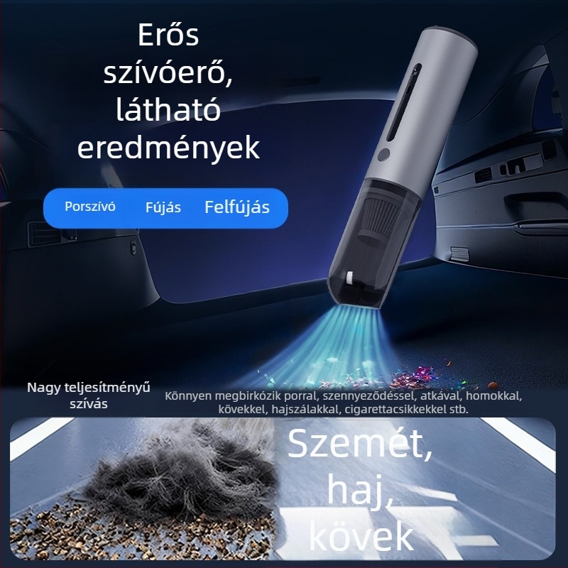 Kézi autós porszívó szívó-, fúvó- és felfúvó funkciókkal, 20000 Pa erős szívóerő, otthoni és autós használatra, 55 perces akkumulátor-üzemidő