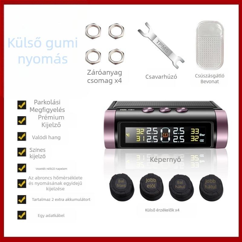 TPMS napenergiával, hordozható szenzor és kijelző a gumiabroncsnyomás nyomon követésére