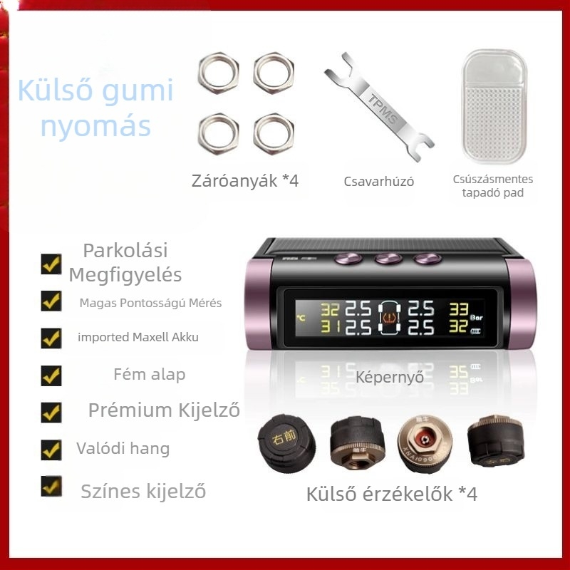 TPMS napenergiával, hordozható szenzor és kijelző a gumiabroncsnyomás nyomon követésére