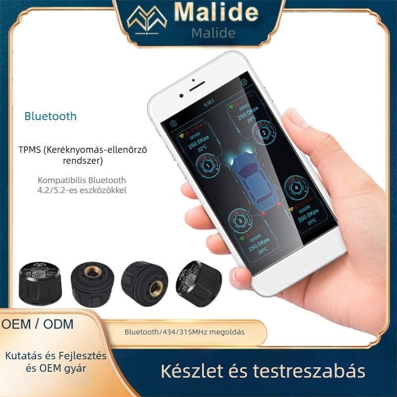 TPMS nyomásfigyelő rendszer digitális kijelzővel, Modell MLD-B08, PA anyag, Márka Maleide, Nyomástartomány 640
