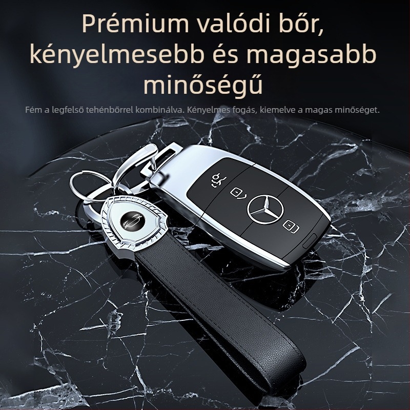Férfi prémium bőr autókulcstartó anti-lopás funkcióval, fém gyűrű és pánt