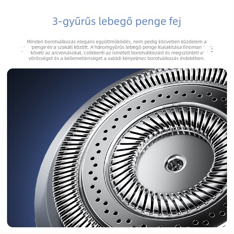 Elektromos borotva úszó fejjel és 3‑pengés rotációs fejjel; egész testben mosható; beépített 300–500 mAh akkumulátor; üzemidő >60 perc; 2 órás töltés
