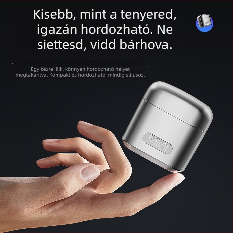 Hordozható elektromos borotva rozsdamentes acélból, mini mágneses kialakítás, forgó többfejű fej (4+), brushless motor, beépített akkumulátor 300–500 mAh, akár 65 perc működés, mosható